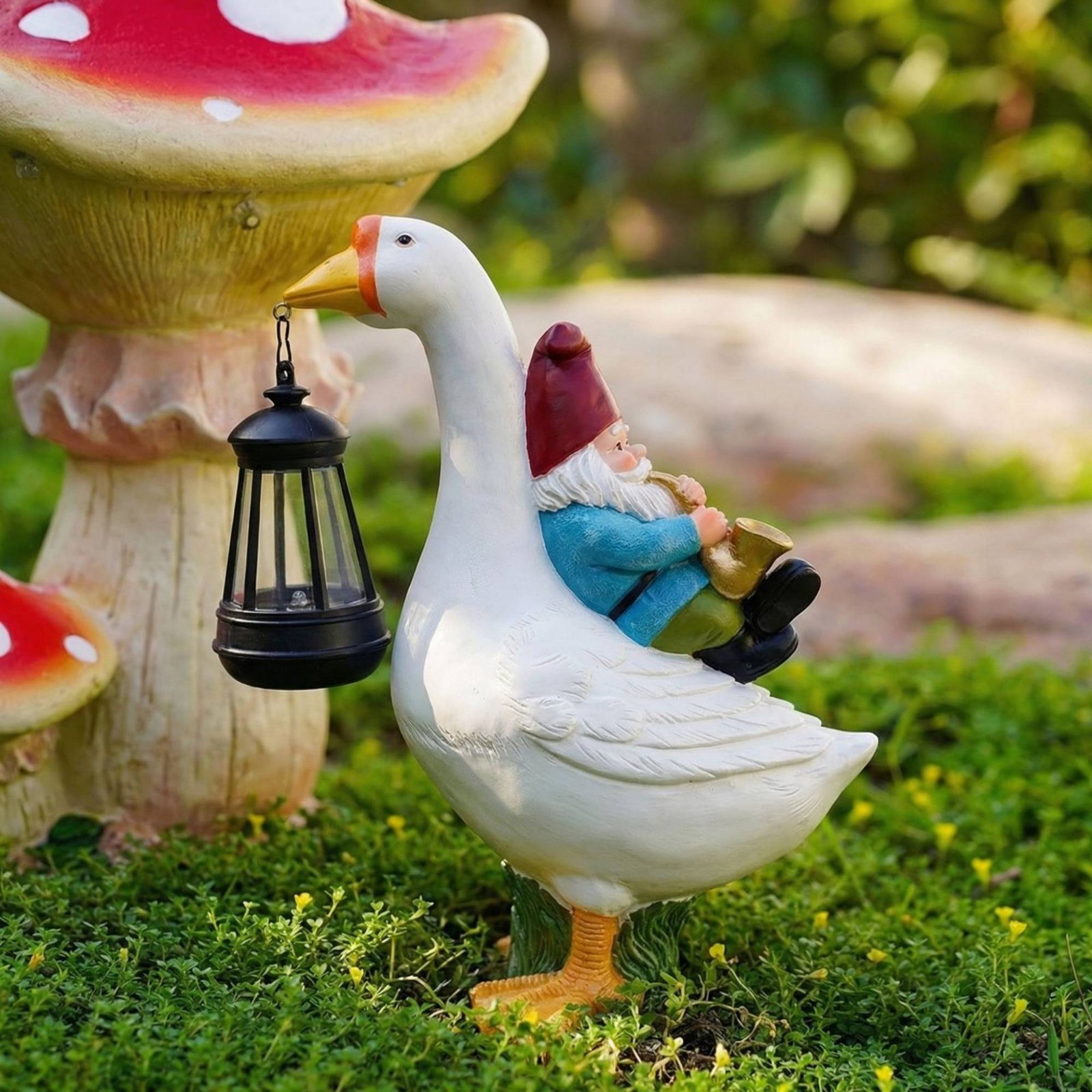 Gnome Riding Goose Statue Weat - đánh giá và giá Outdoor Lighting Yard