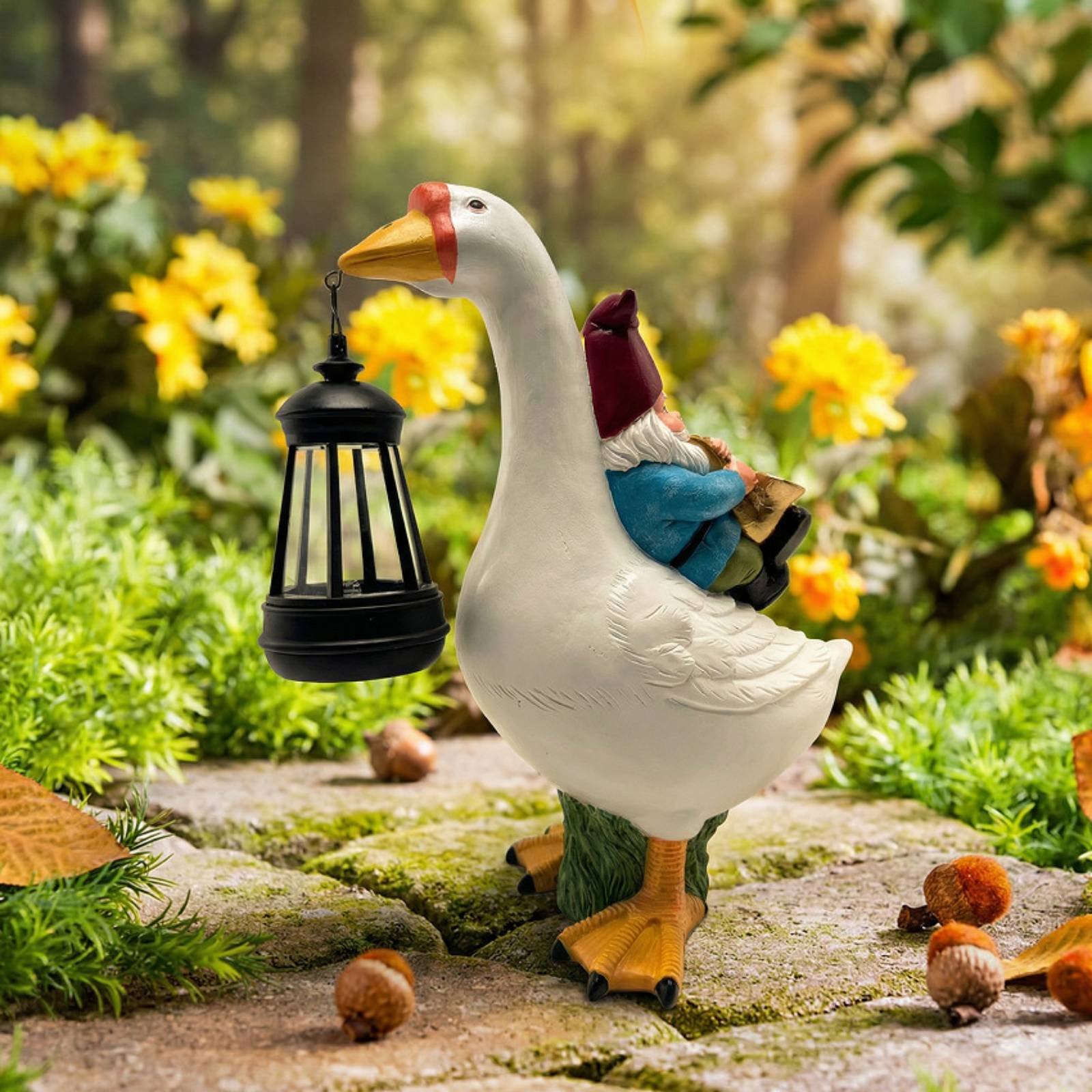 Gnome Riding Goose Statue Weat - đánh giá và giá Outdoor Lighting Yard